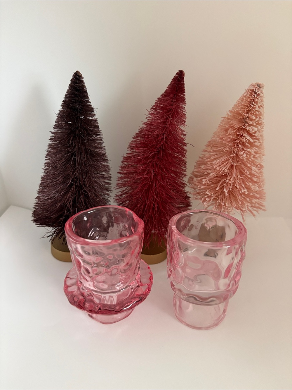 Decorative Bottle Brush Holiday Tree Set - Pink purple reversible candleholders